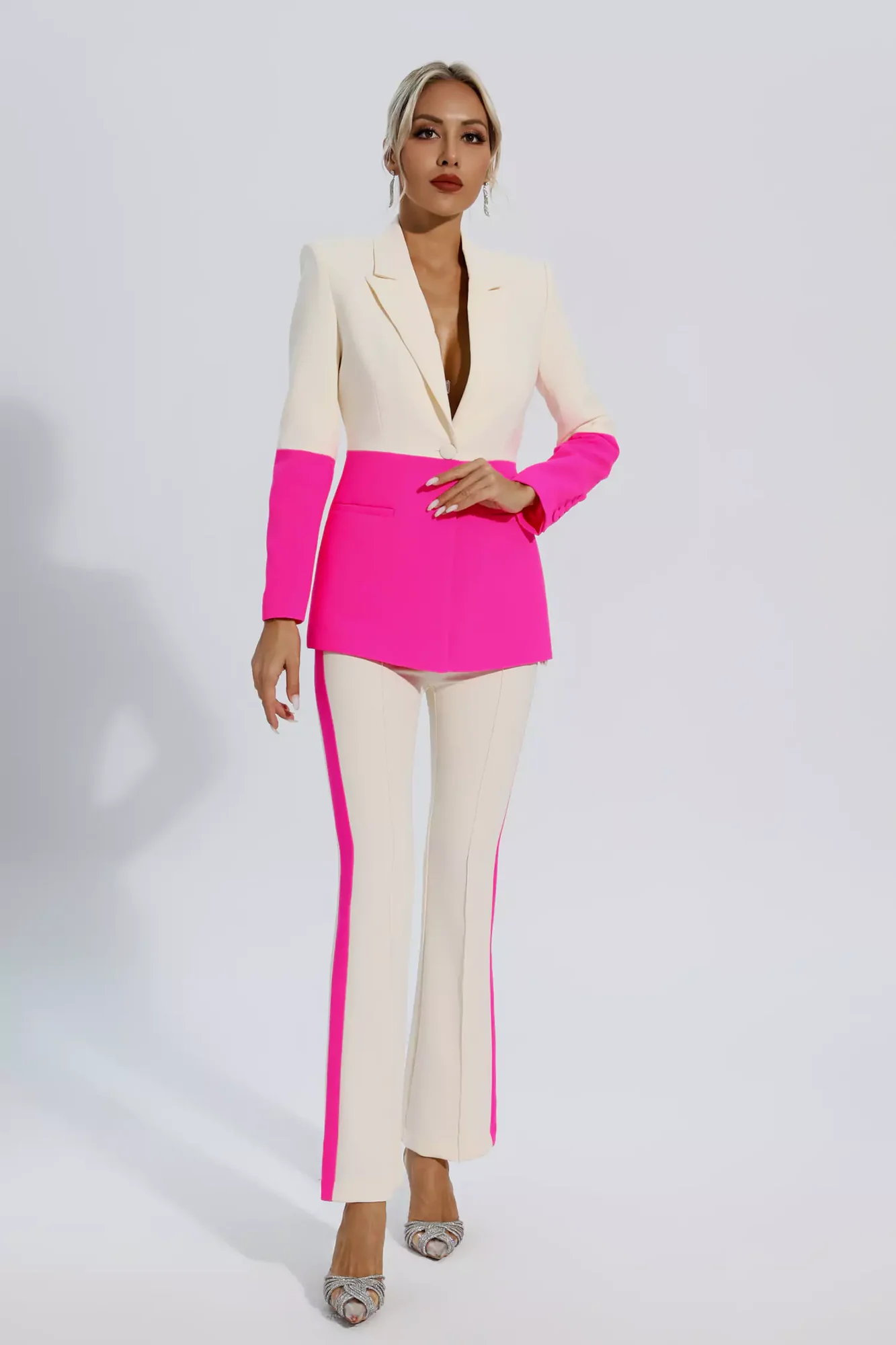 Chic Pink Patchwork Blazer and Flared Trousers Set