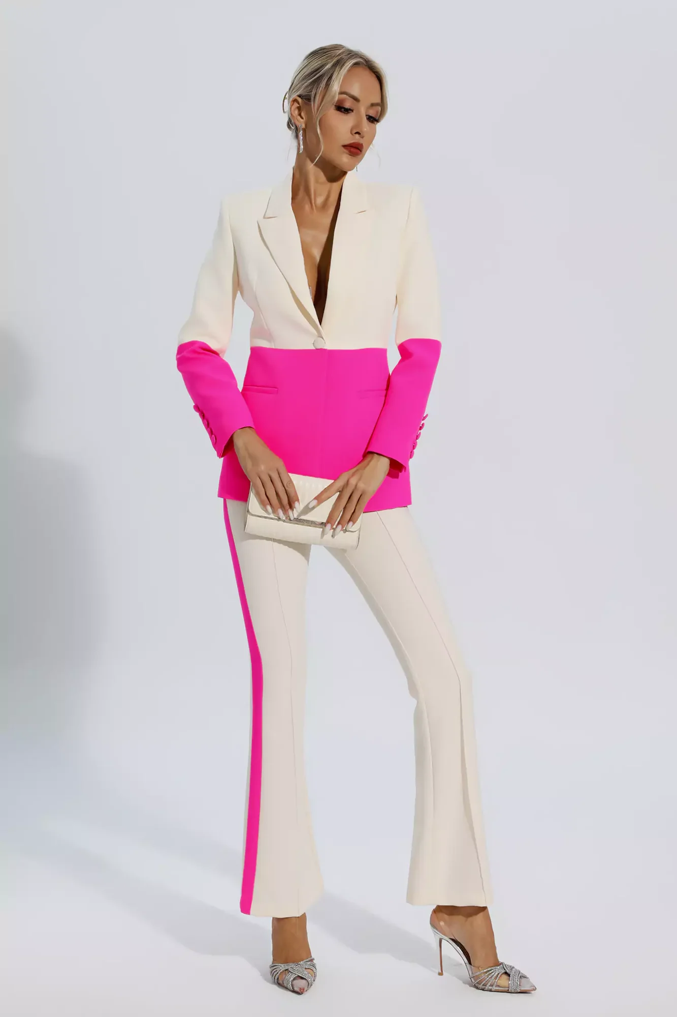 Chic Pink Patchwork Blazer and Flared Trousers Set