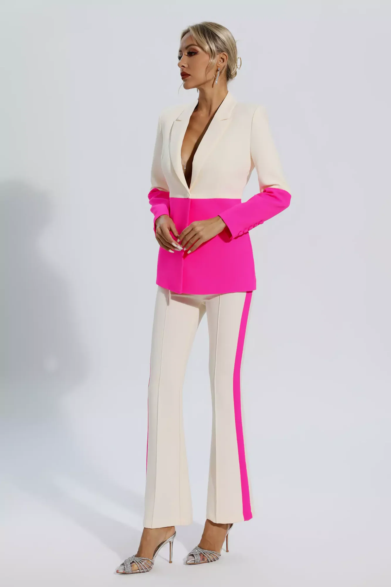 Chic Pink Patchwork Blazer and Flared Trousers Set