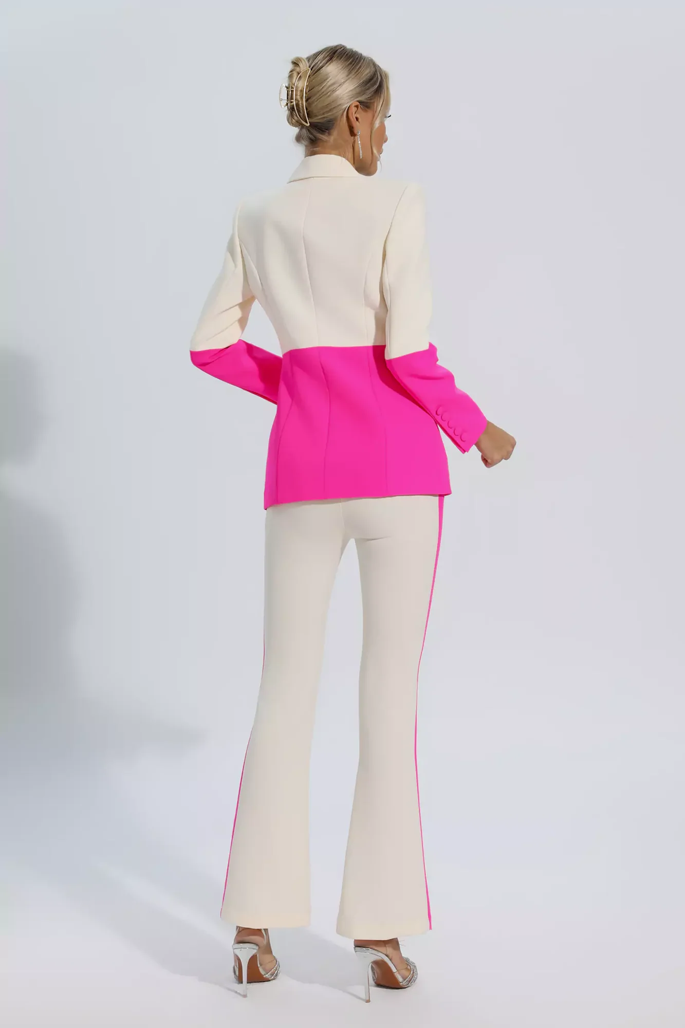 Chic Pink Patchwork Blazer and Flared Trousers Set