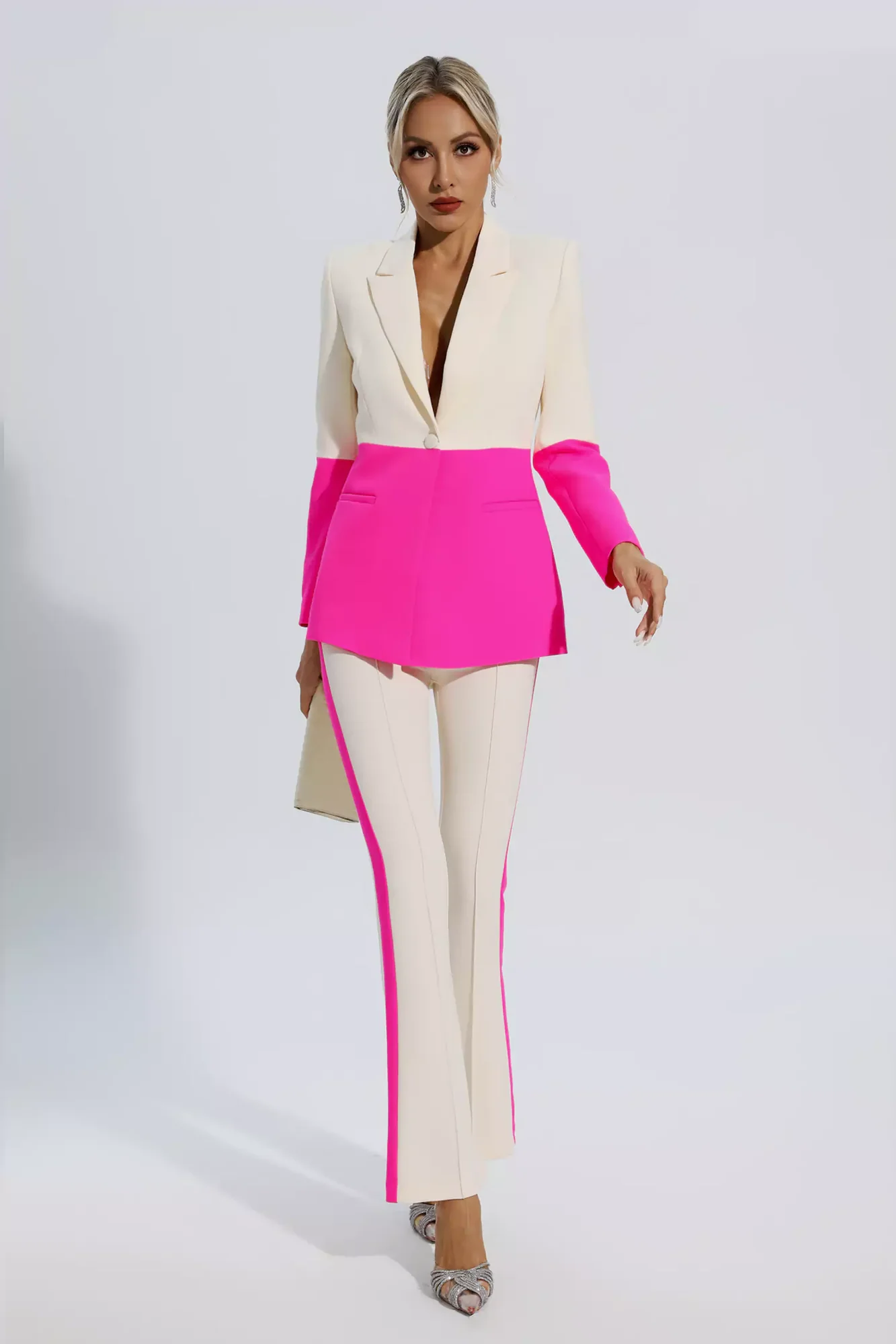 Chic Pink Patchwork Blazer and Flared Trousers Set