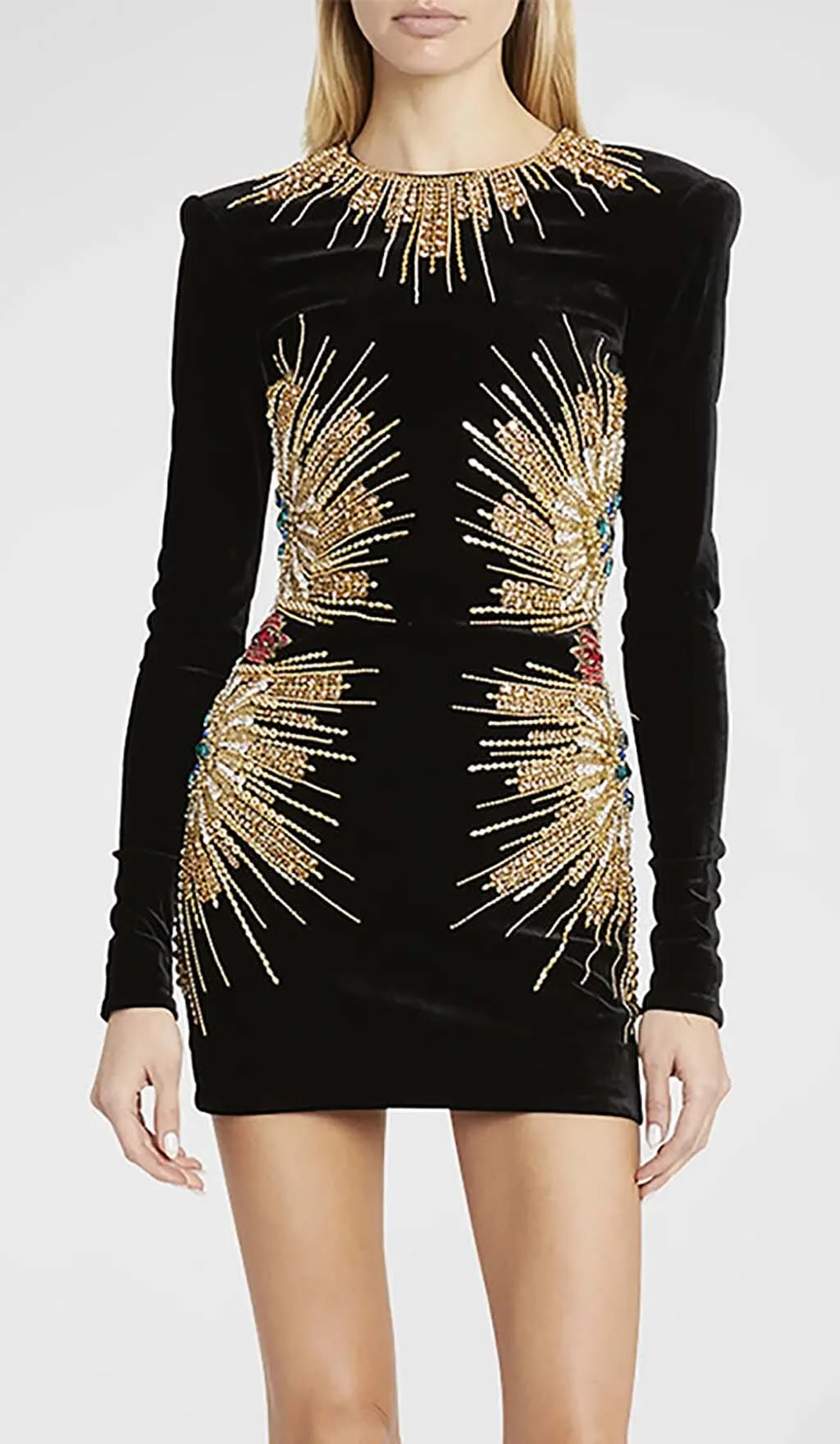 Black Long-Sleeve Embellished Mini Dress - Glamorous Style