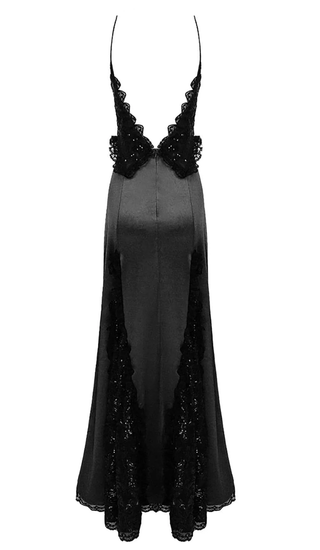 Black Ruffled Silk Satin Maxi Dress - Sequin Lace Design