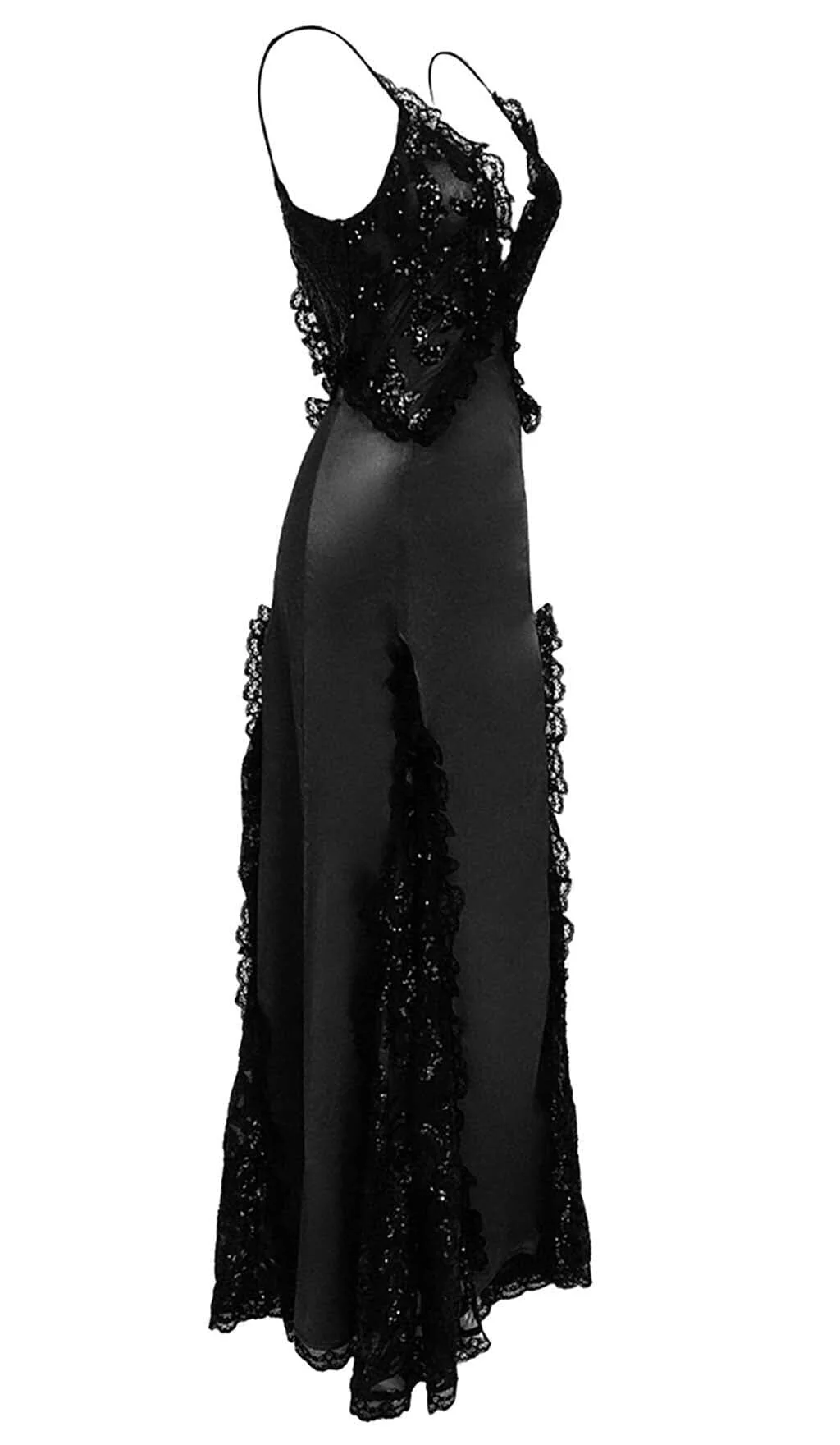 Black Ruffled Silk Satin Maxi Dress - Sequin Lace Design