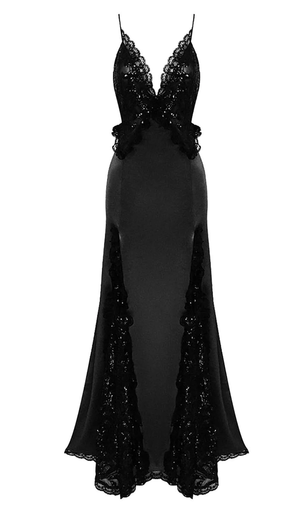 Black Ruffled Silk Satin Maxi Dress - Sequin Lace Design