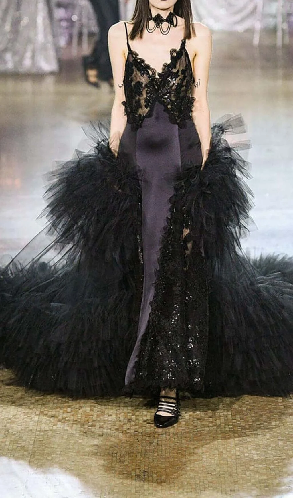 Black Ruffled Silk Satin Maxi Dress - Sequin Lace Design