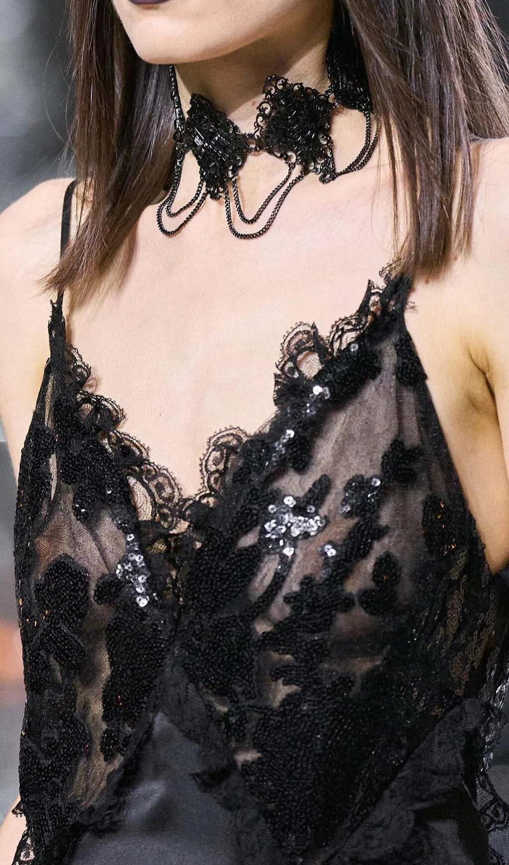 Black Ruffled Silk Satin Maxi Dress - Sequin Lace Design