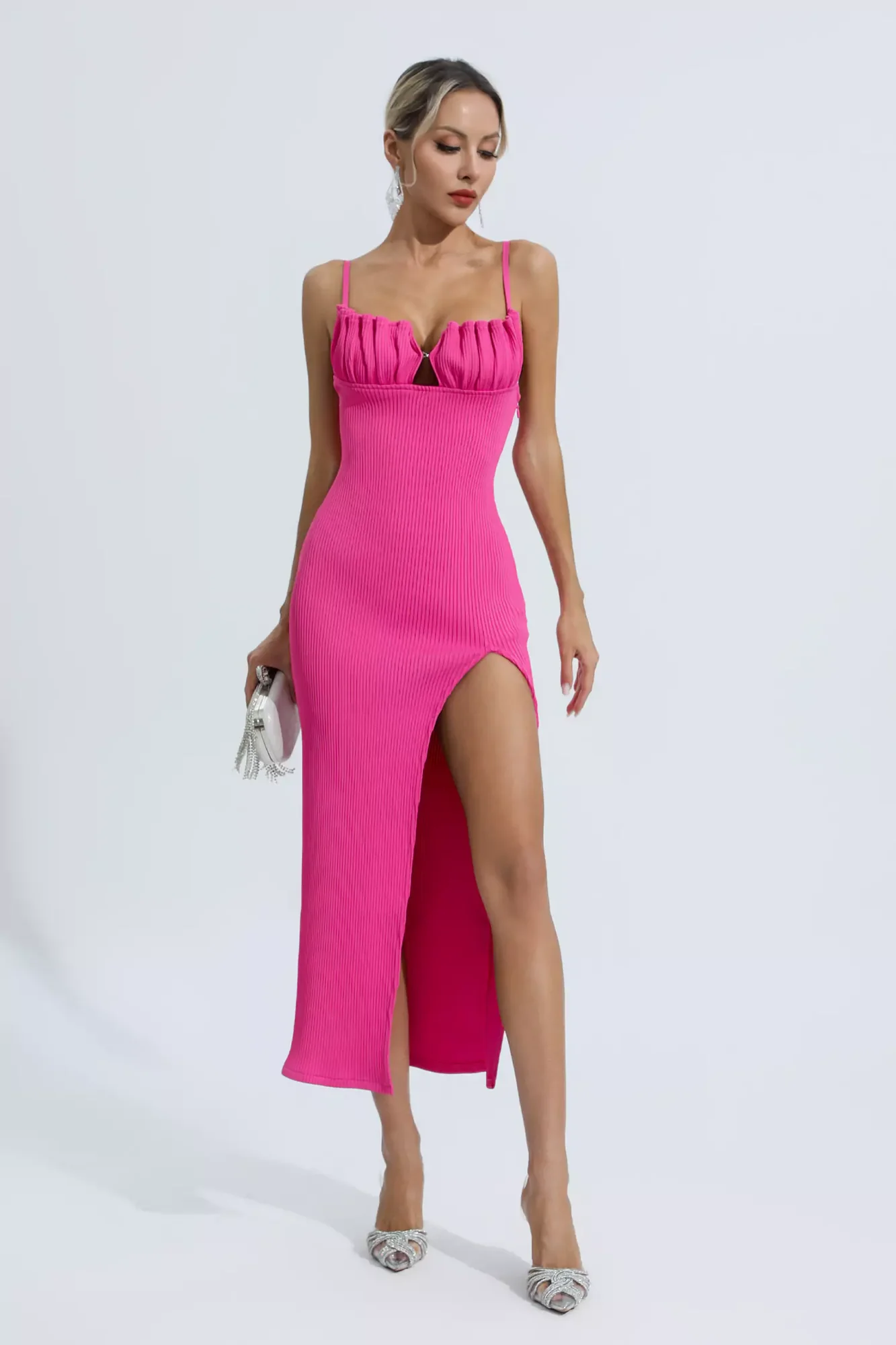 Pink Knitted Seashell Detail Long Dress for Women