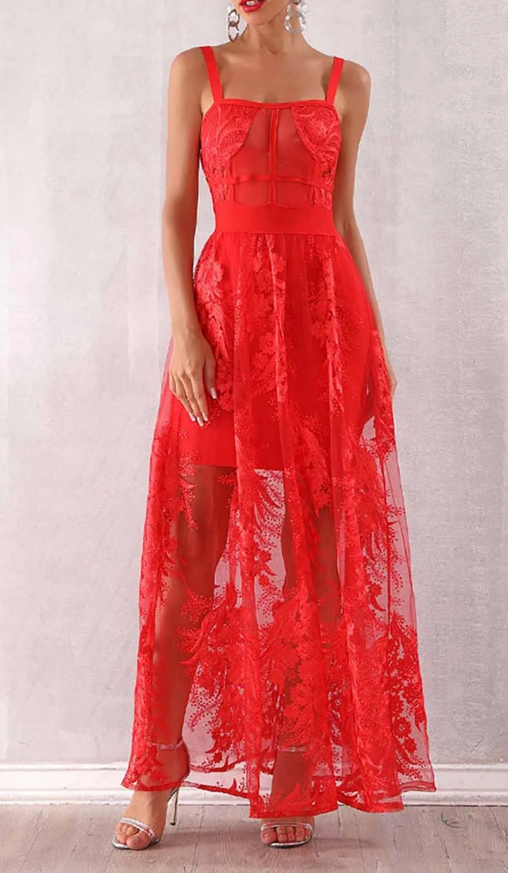 Red Floral Corset Lace Maxi Dress - Elegant Evening Gown