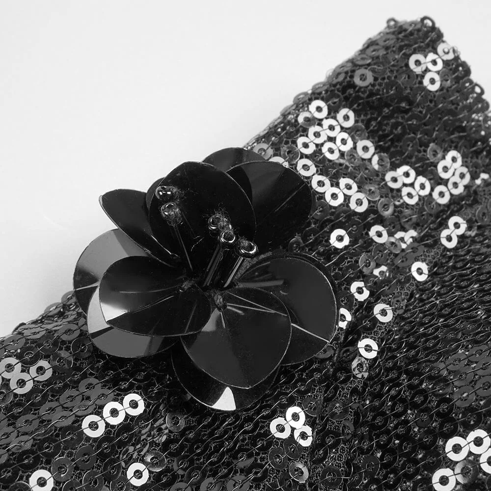 Black Sequin Maxi Dress with Mesh Illusion Neckline