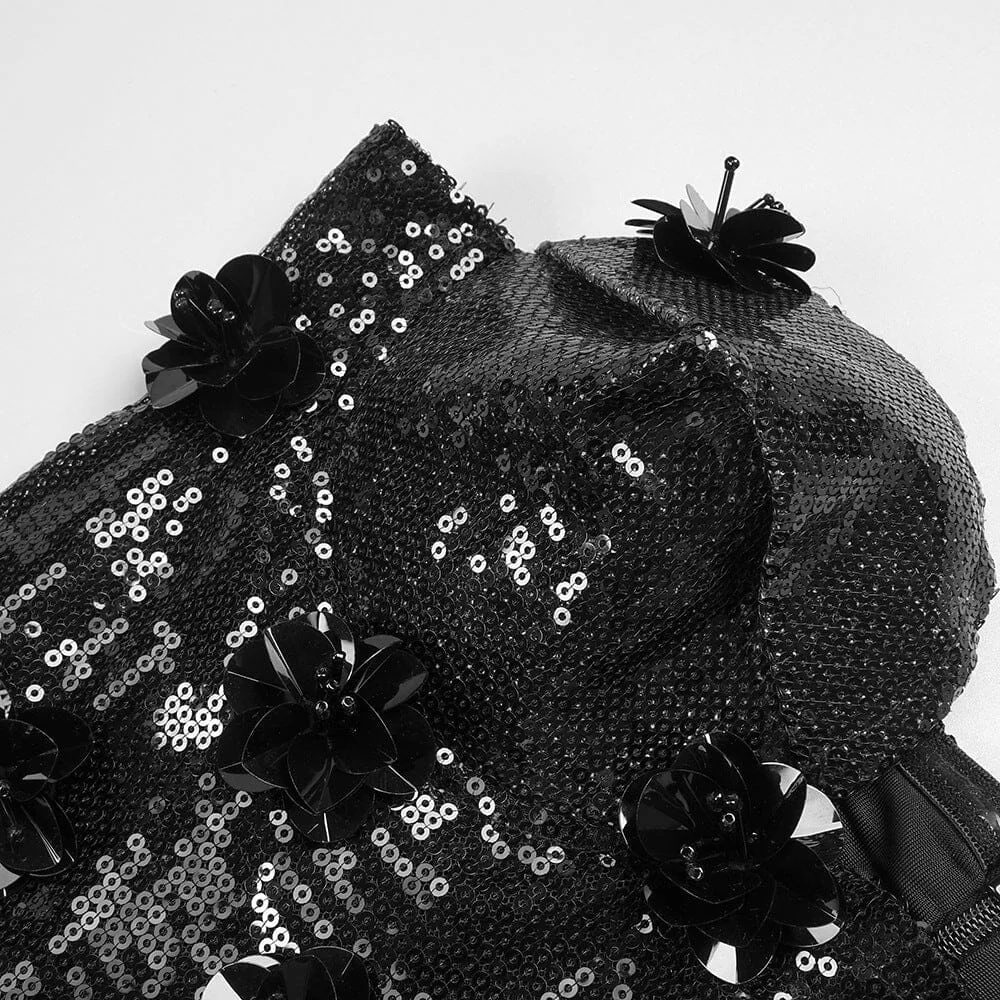 Black Sequin Maxi Dress with Mesh Illusion Neckline