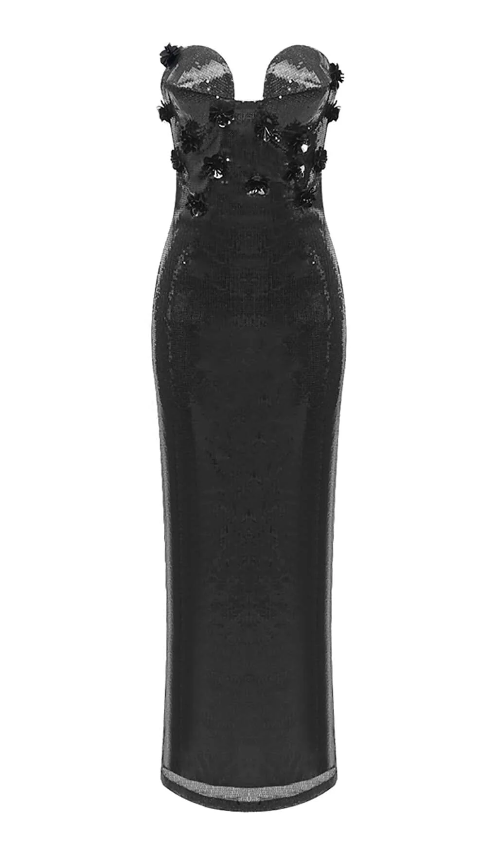 Black Sequin Maxi Dress with Mesh Illusion Neckline