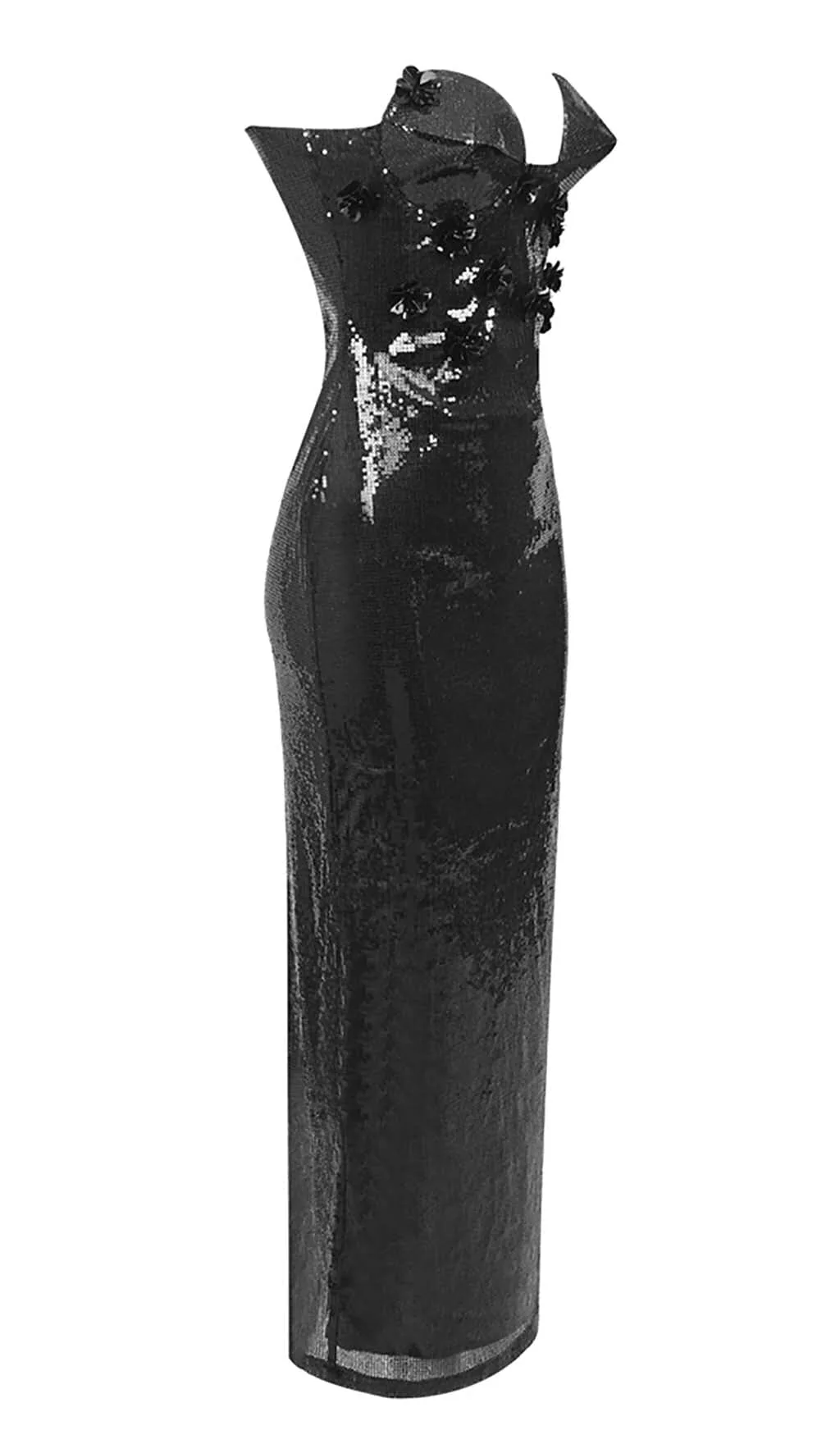 Black Sequin Maxi Dress with Mesh Illusion Neckline