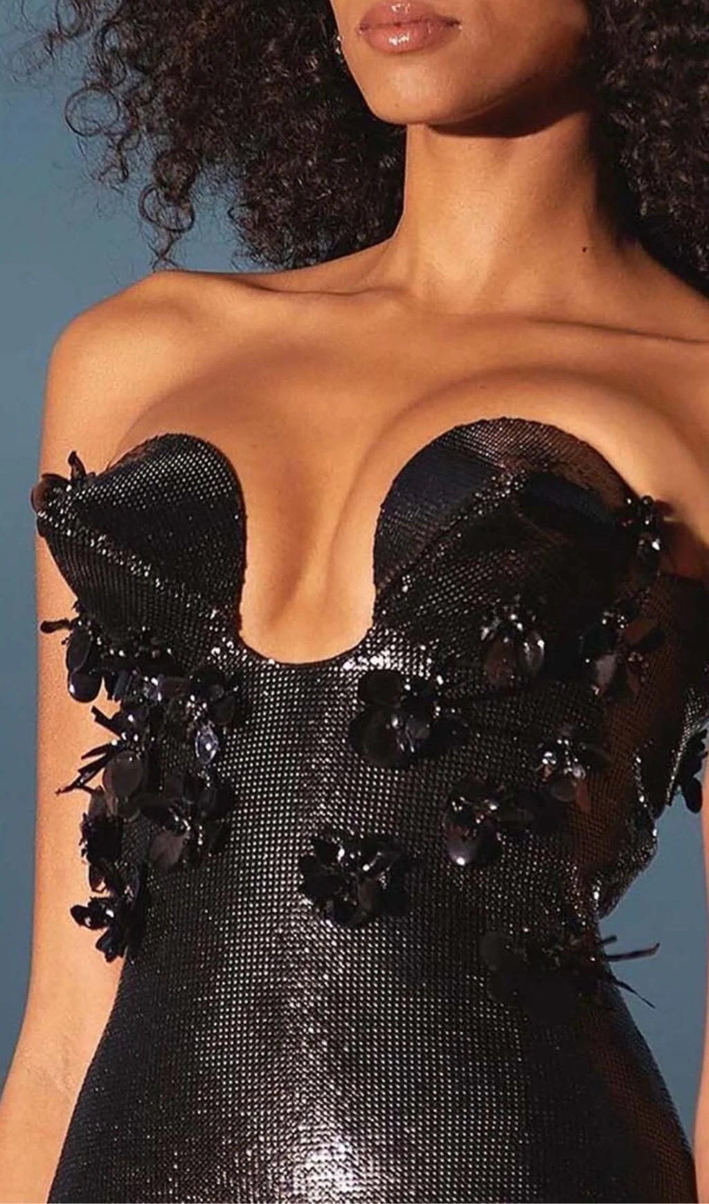 Black Sequin Maxi Dress with Mesh Illusion Neckline