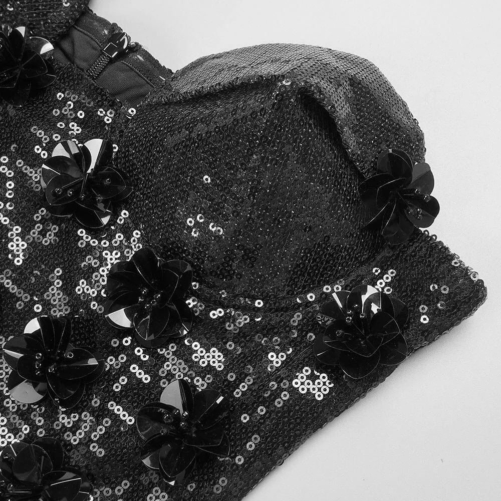 Black Sequin Maxi Dress with Mesh Illusion Neckline