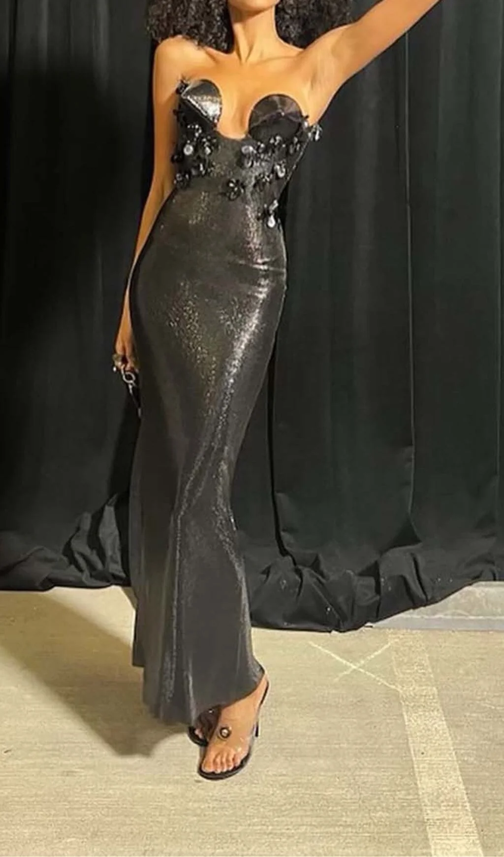 Black Sequin Maxi Dress with Mesh Illusion Neckline
