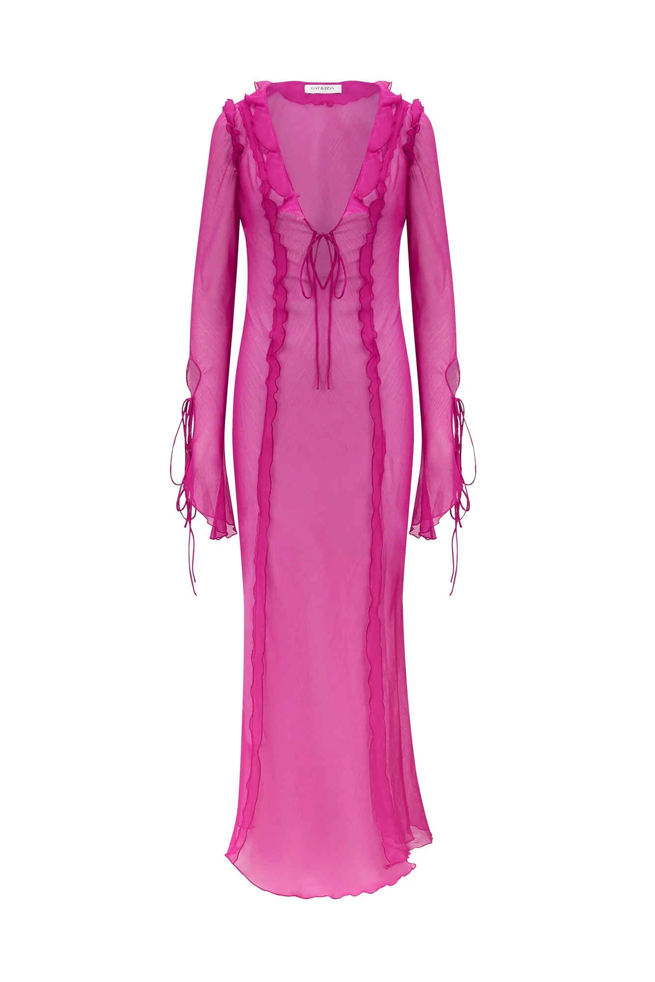 Pink Sheer Chiffon Split Maxi Dress with Exaggerated Sleeves
