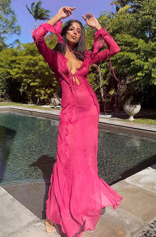 Pink Sheer Chiffon Split Maxi Dress with Exaggerated Sleeves