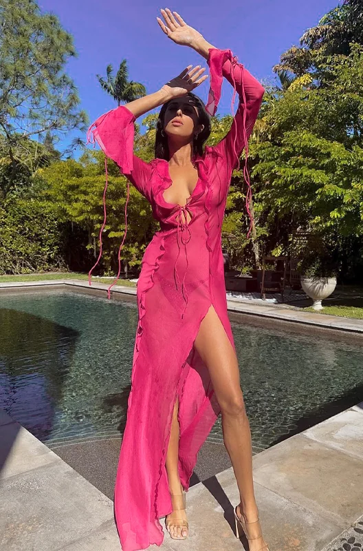 Pink Sheer Chiffon Split Maxi Dress with Exaggerated Sleeves