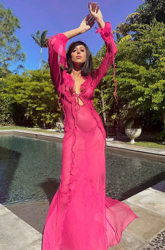 Pink Sheer Chiffon Split Maxi Dress with Exaggerated Sleeves