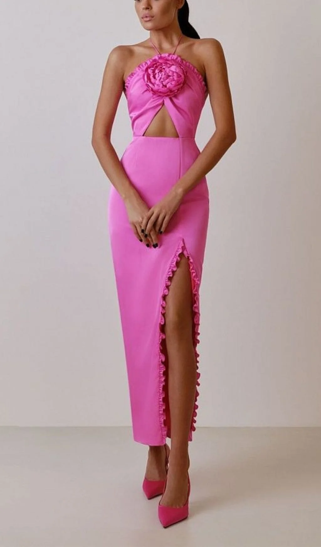 Pink Floral Embellished Slit Midi Dress - Garden Party Dream