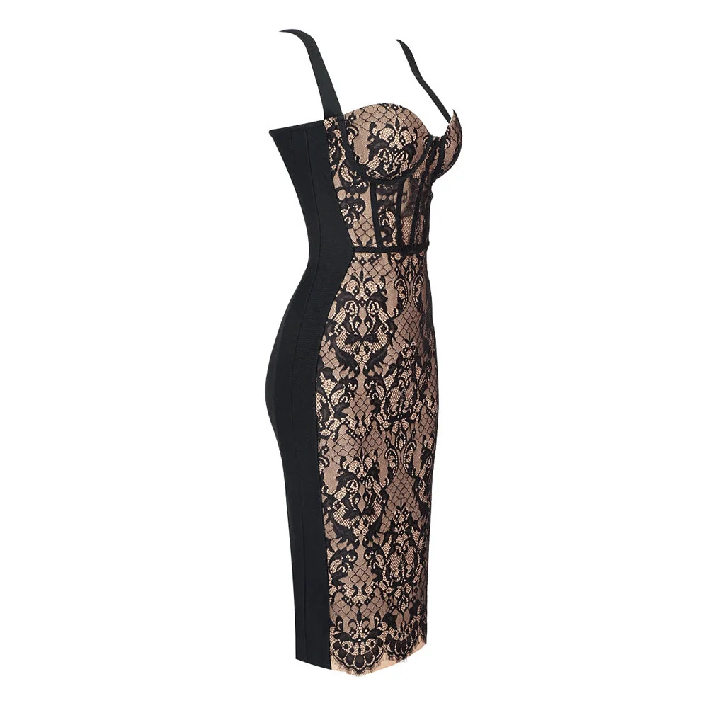 Black Bandage Lace Midi Dress with Elegant Design