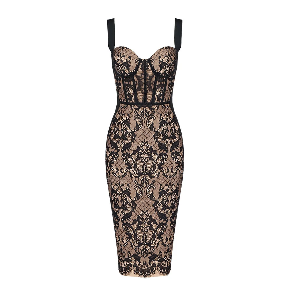 Black Bandage Lace Midi Dress with Elegant Design