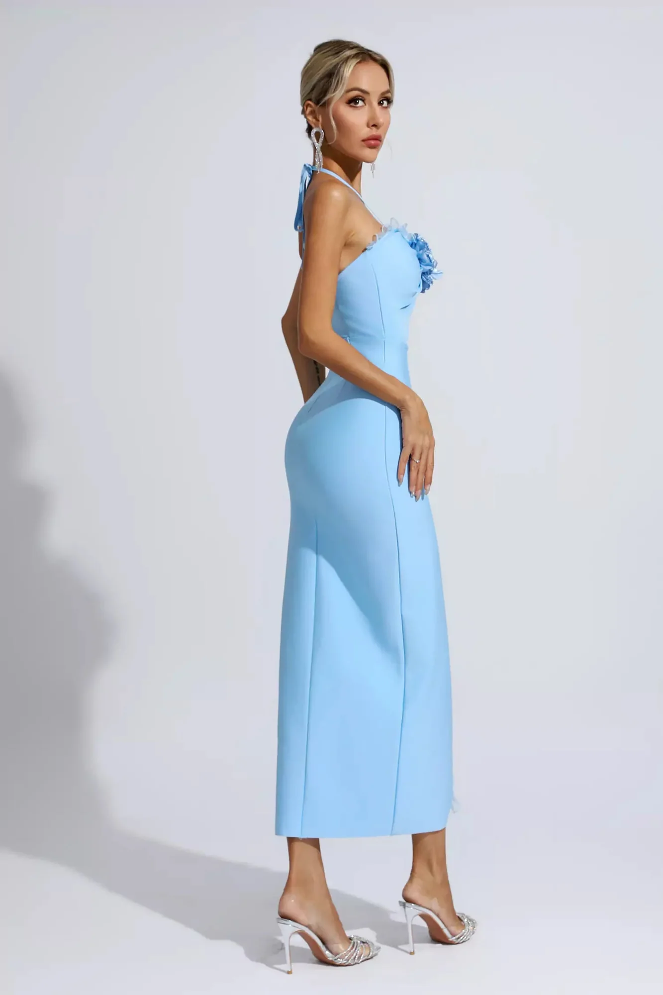 Blue Floral Halter Neck Slit Midi Dress