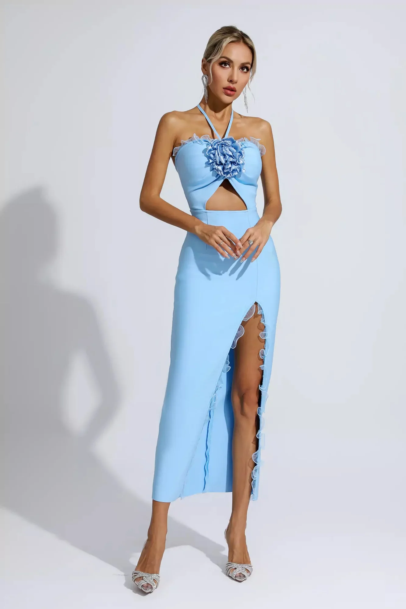 Blue Floral Halter Neck Slit Midi Dress