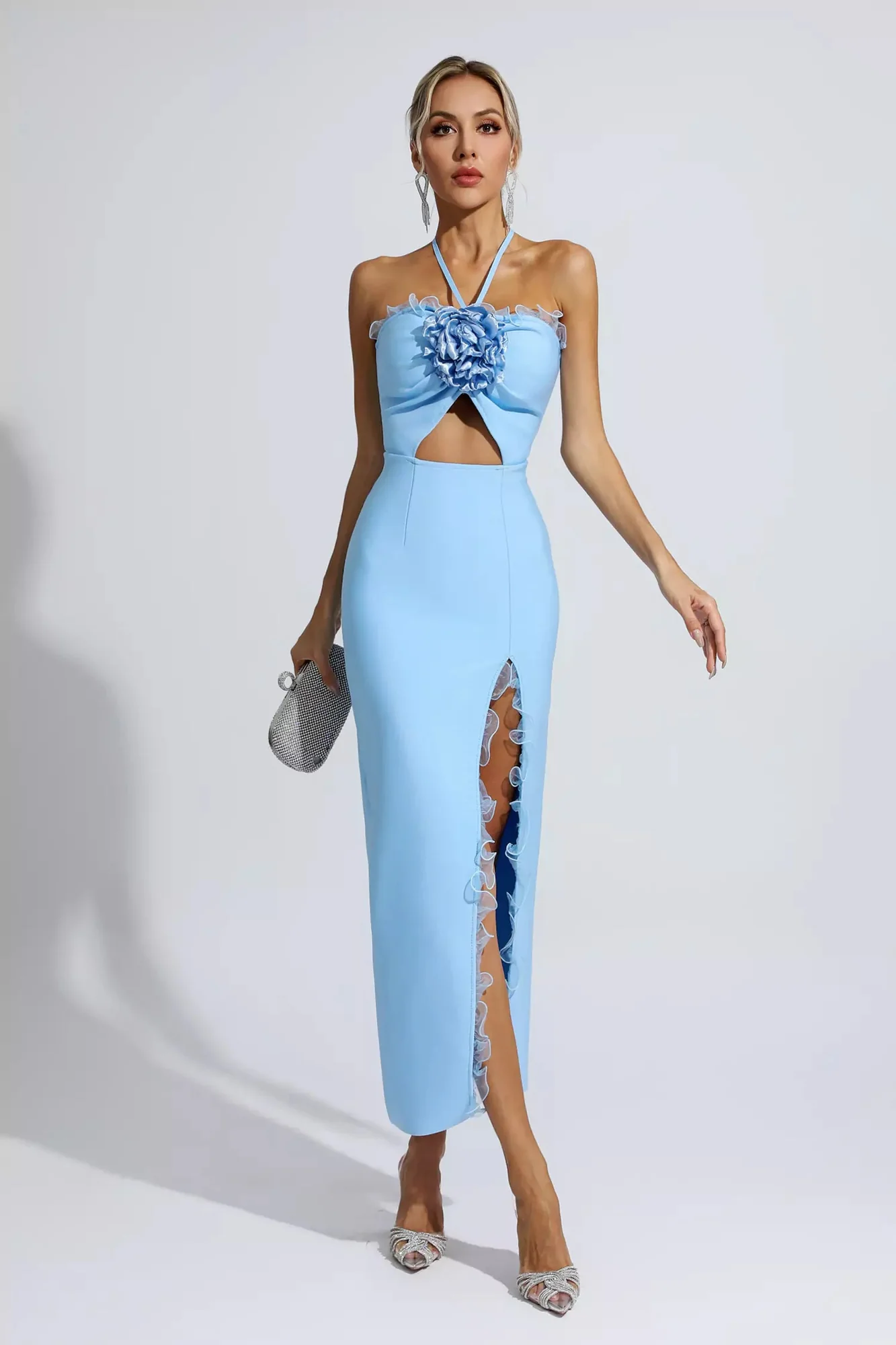 Blue Floral Halter Neck Slit Midi Dress