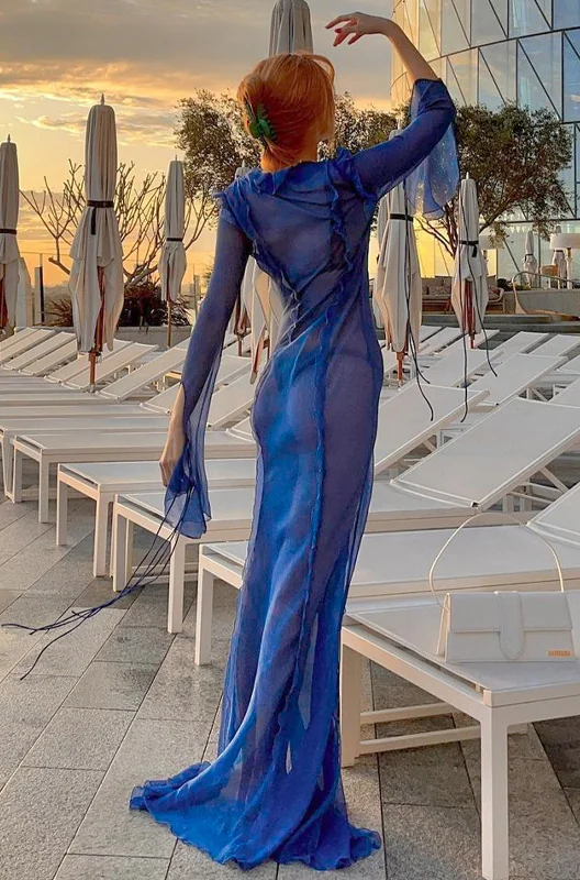 Blue Sheer Chiffon Split Maxi Dress with Exaggerated Sleeves