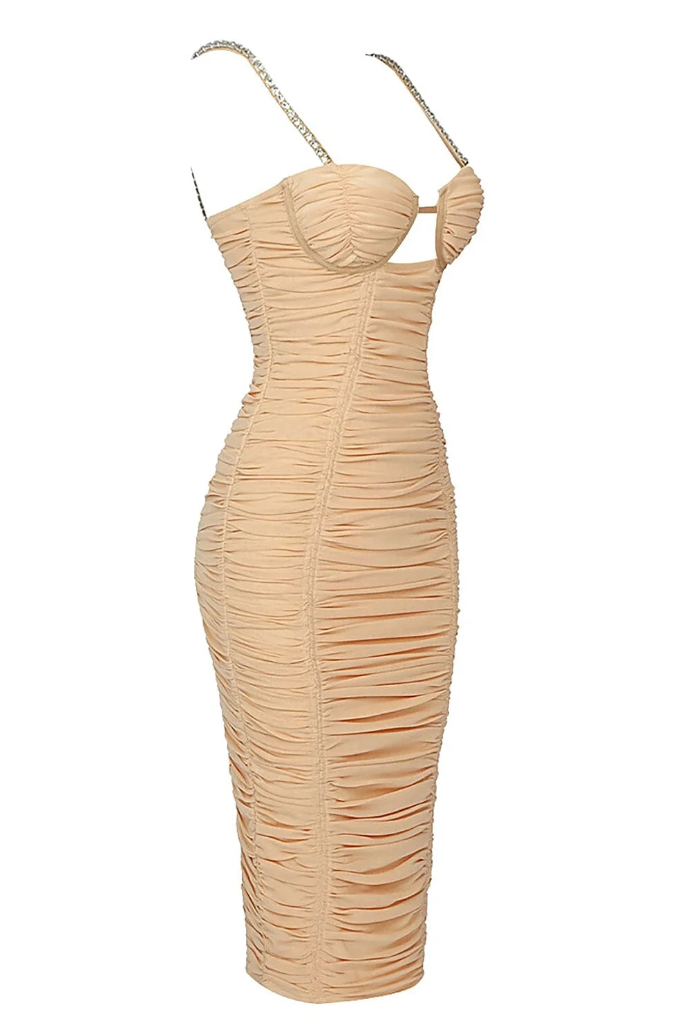 Nude Strappy Sequins Embellished Mesh Midi Dress