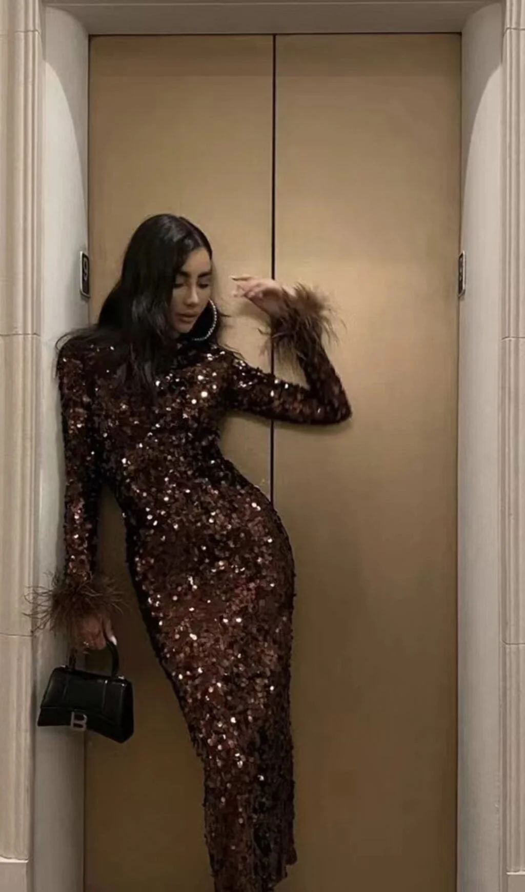 Brown Sequin Patchwork Plush Cuff Midi Dress