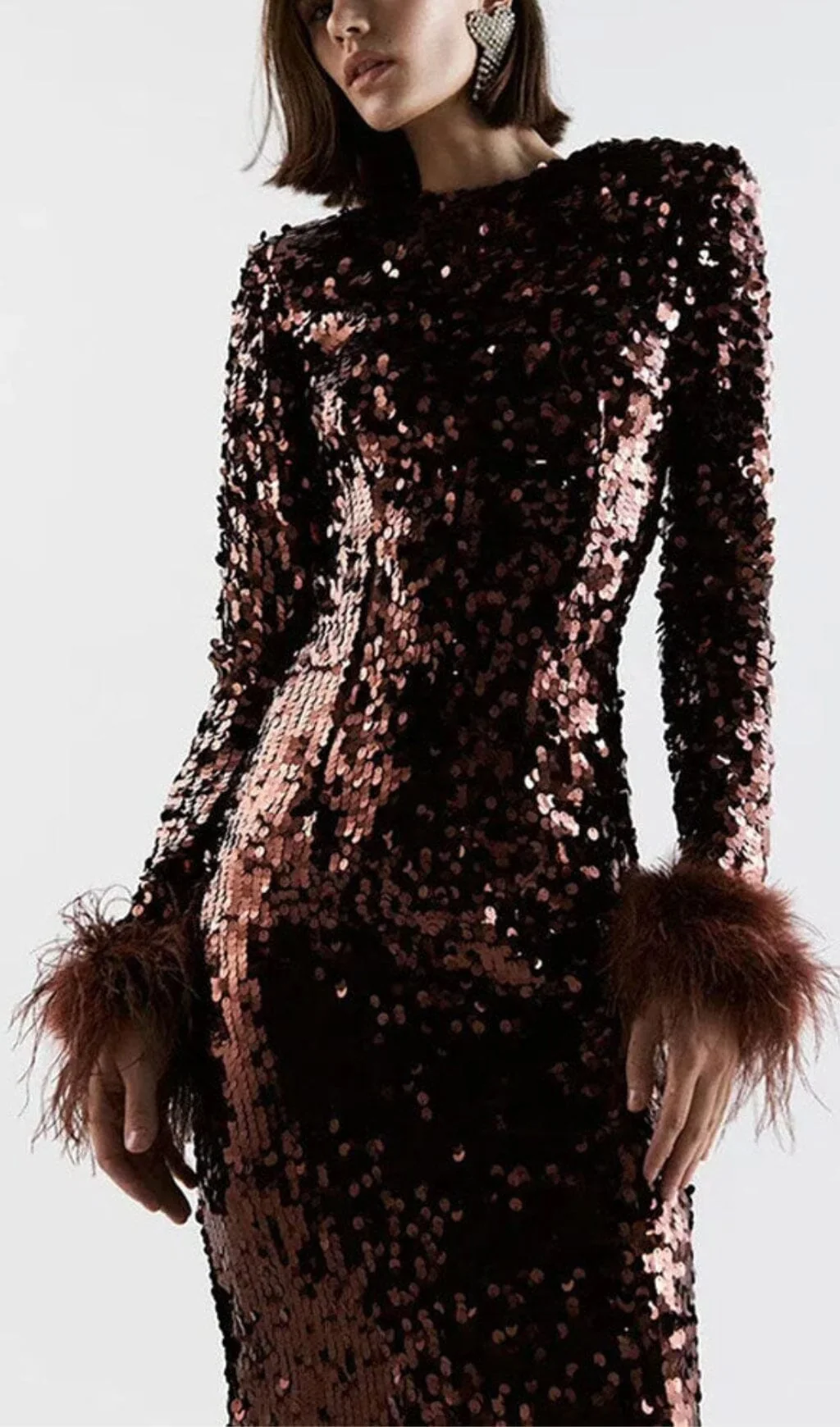 Brown Sequin Patchwork Plush Cuff Midi Dress