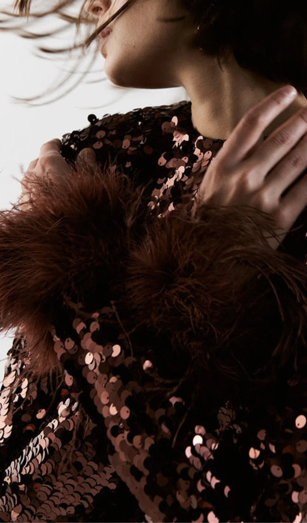 Brown Sequin Patchwork Plush Cuff Midi Dress