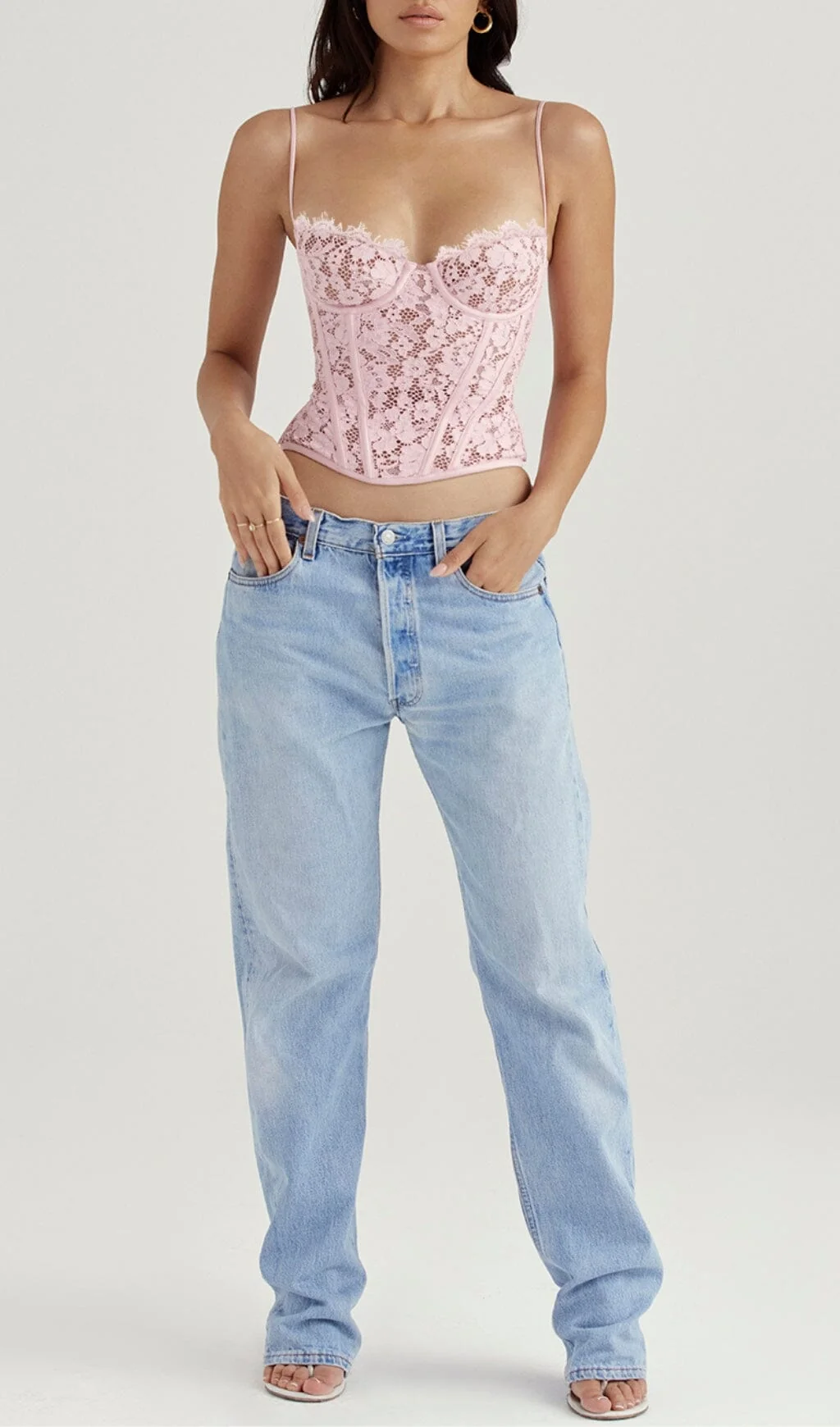 Rose Lace Underwired Corset in Pink - Sweetheart Neckline & Satin Trims