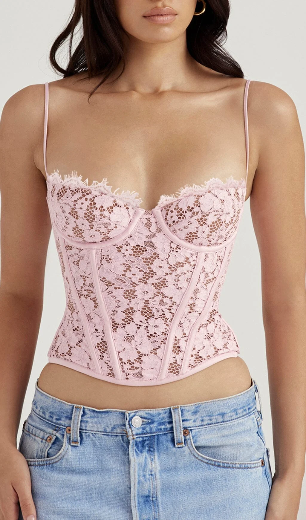 Rose Lace Underwired Corset in Pink - Sweetheart Neckline & Satin Trims
