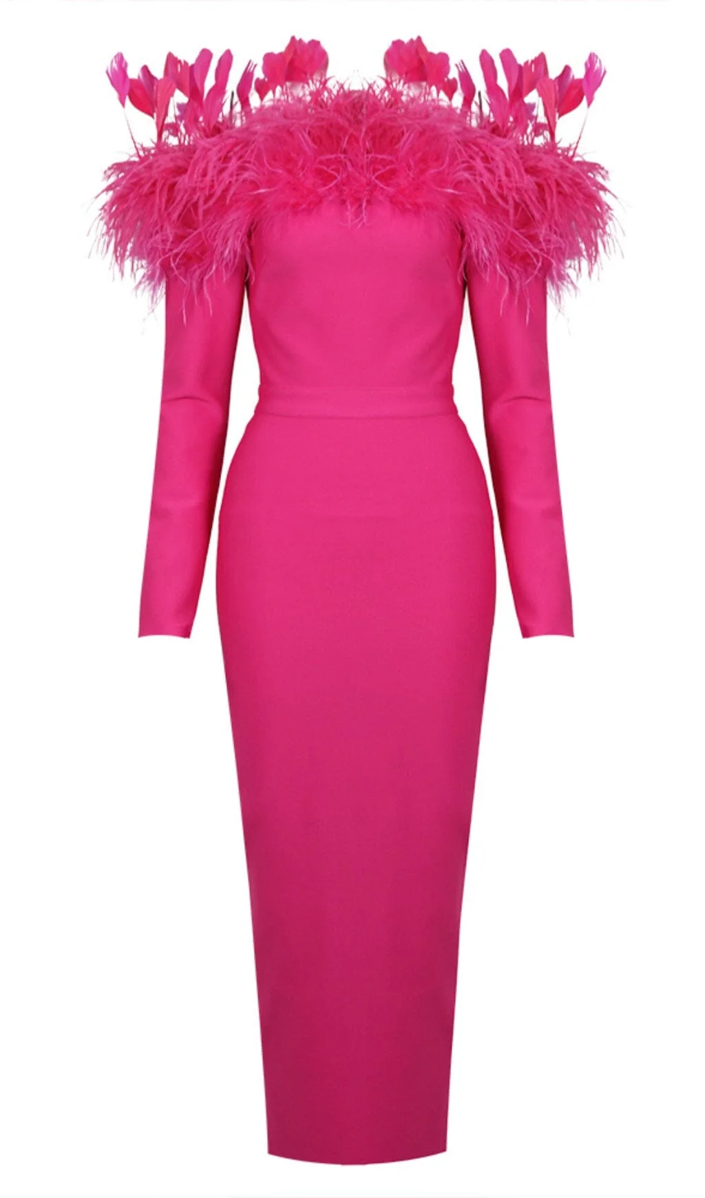 Crimson Bodycon Feather Trim Midi Dress