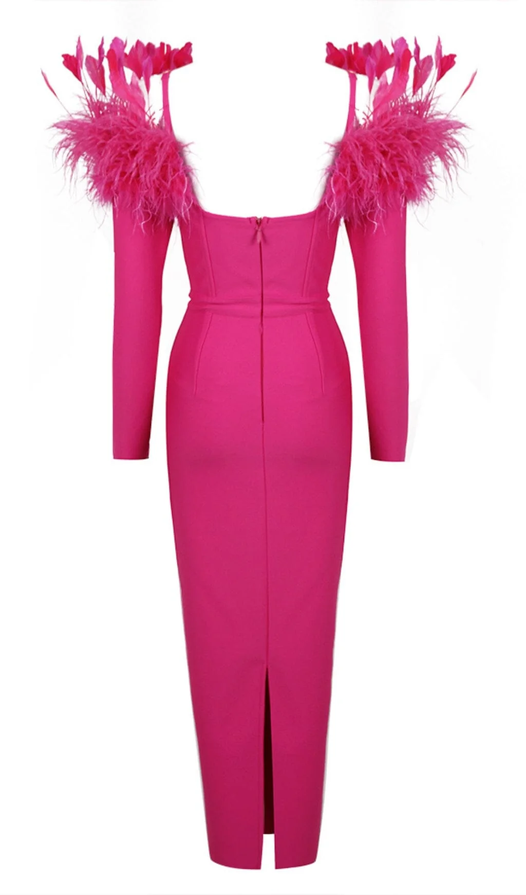 Crimson Bodycon Feather Trim Midi Dress