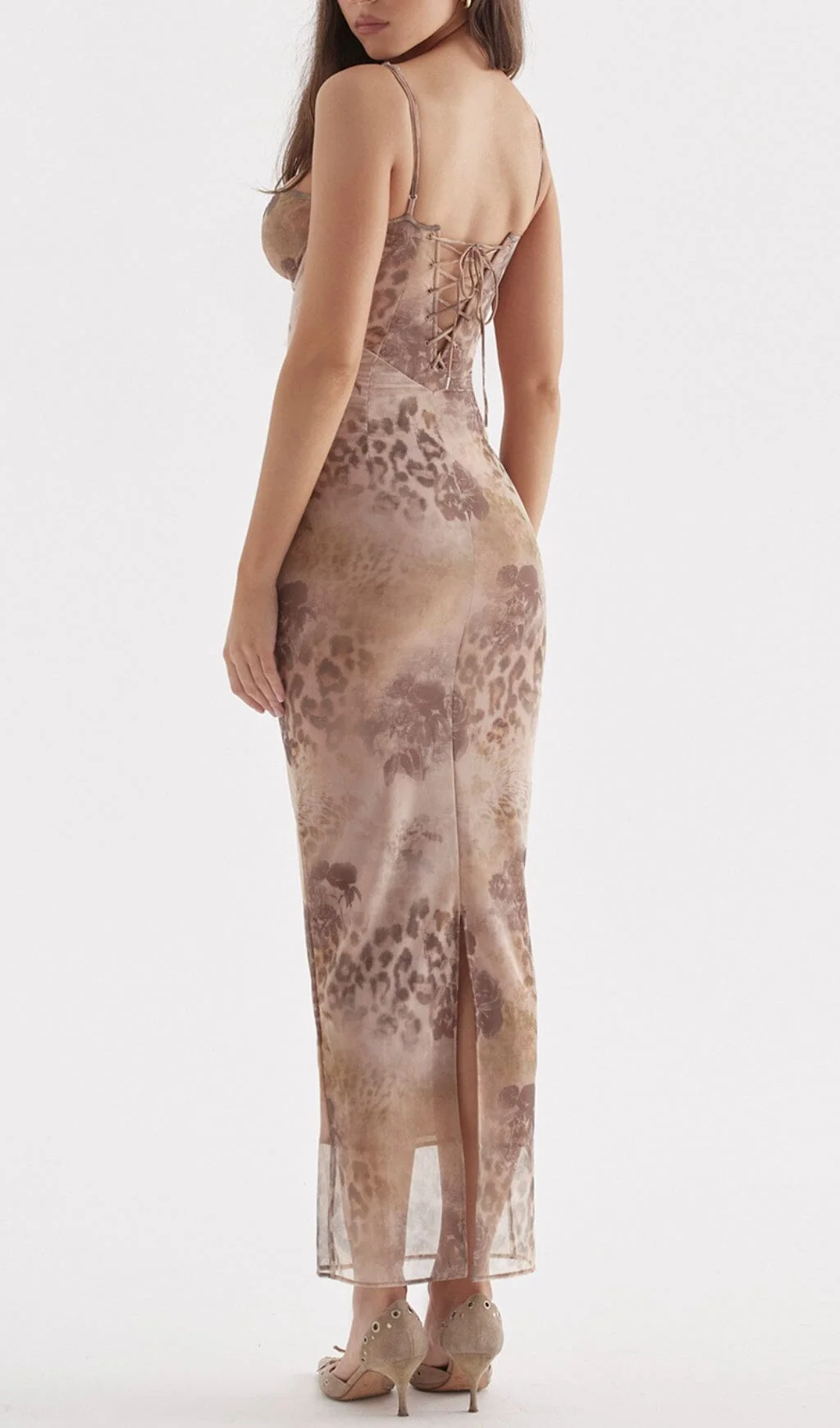 Cream Floral Print Maxi Dress with Lace-Up Back - Elegant and Stylish