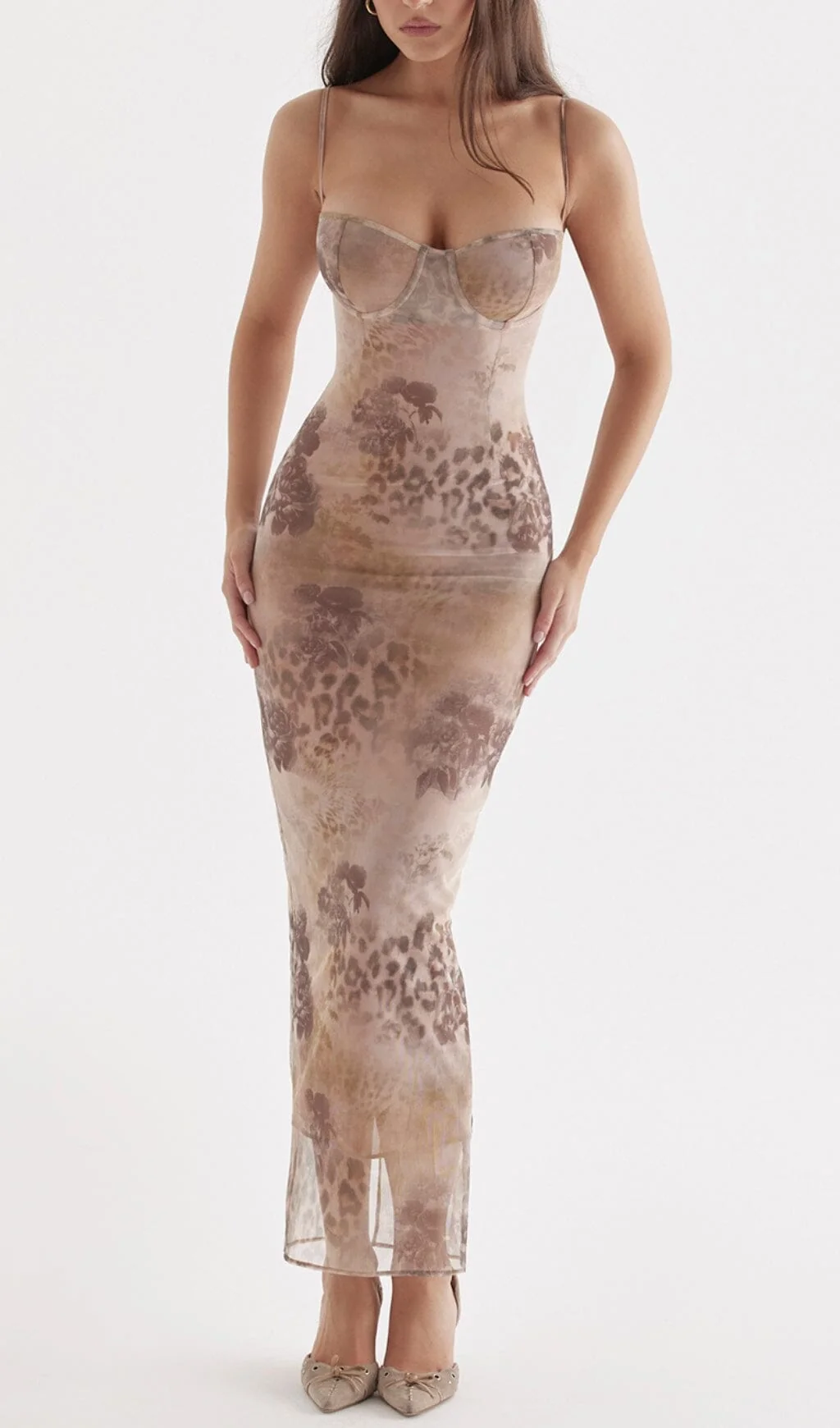 Cream Floral Print Maxi Dress with Lace-Up Back - Elegant and Stylish