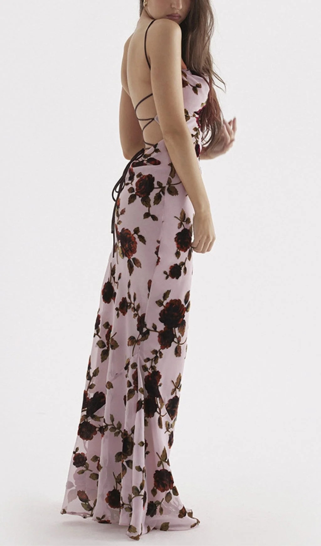 Pink Floral Devore Open Back Maxi Dress