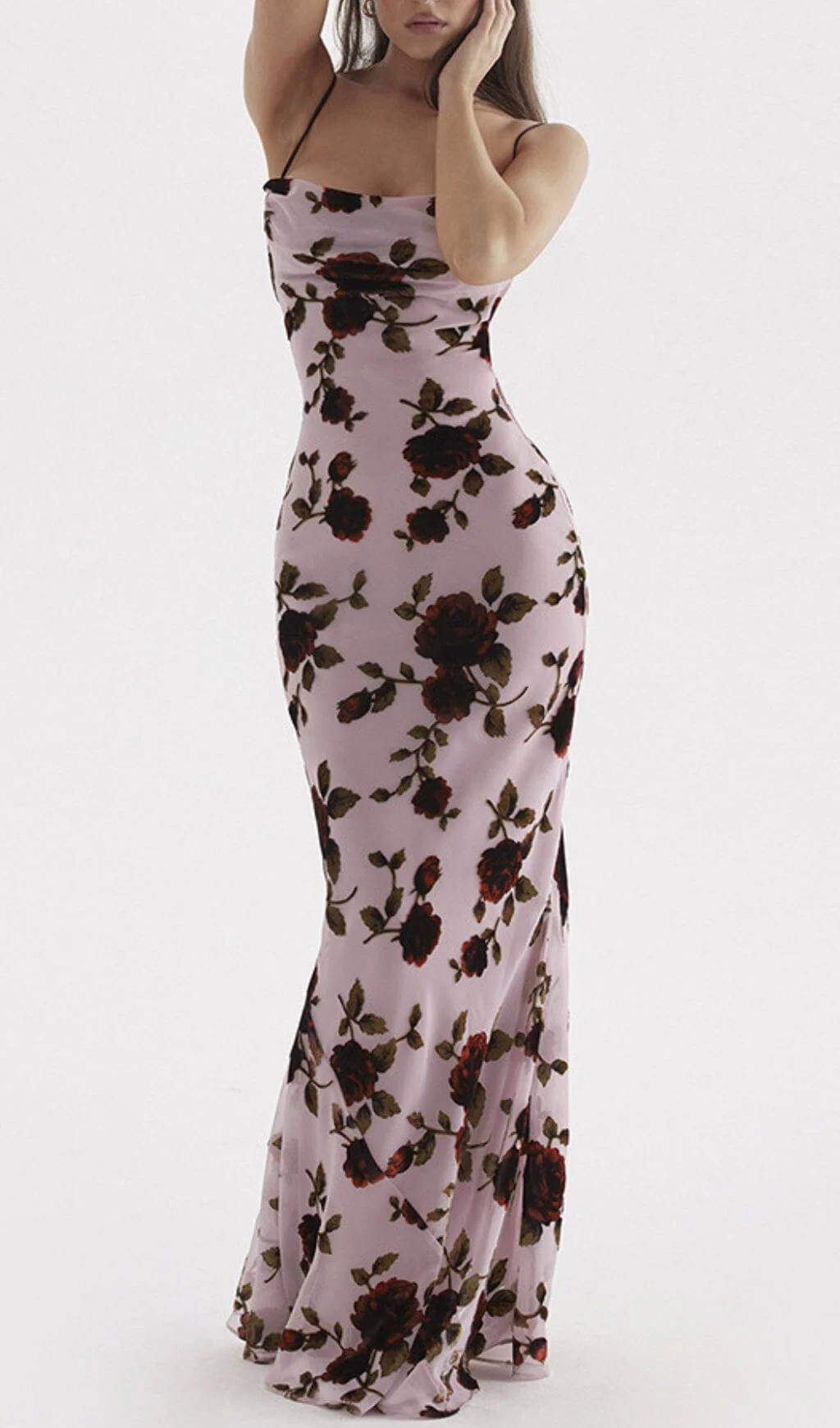 Pink Floral Devore Open Back Maxi Dress