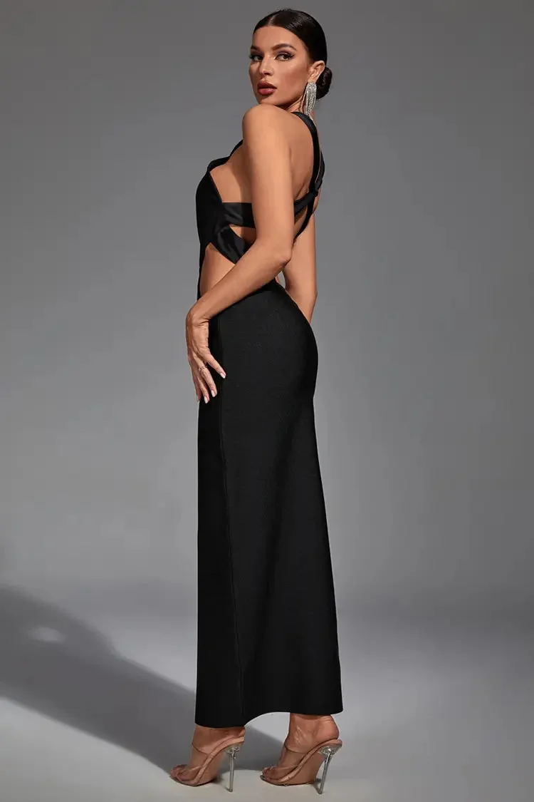 Black Irregular Bandage Maxi Dress - Figure-Flattering Backless Cutout Design