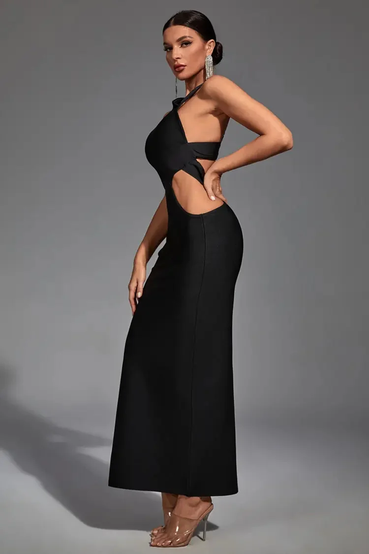 Black Irregular Bandage Maxi Dress - Figure-Flattering Backless Cutout Design