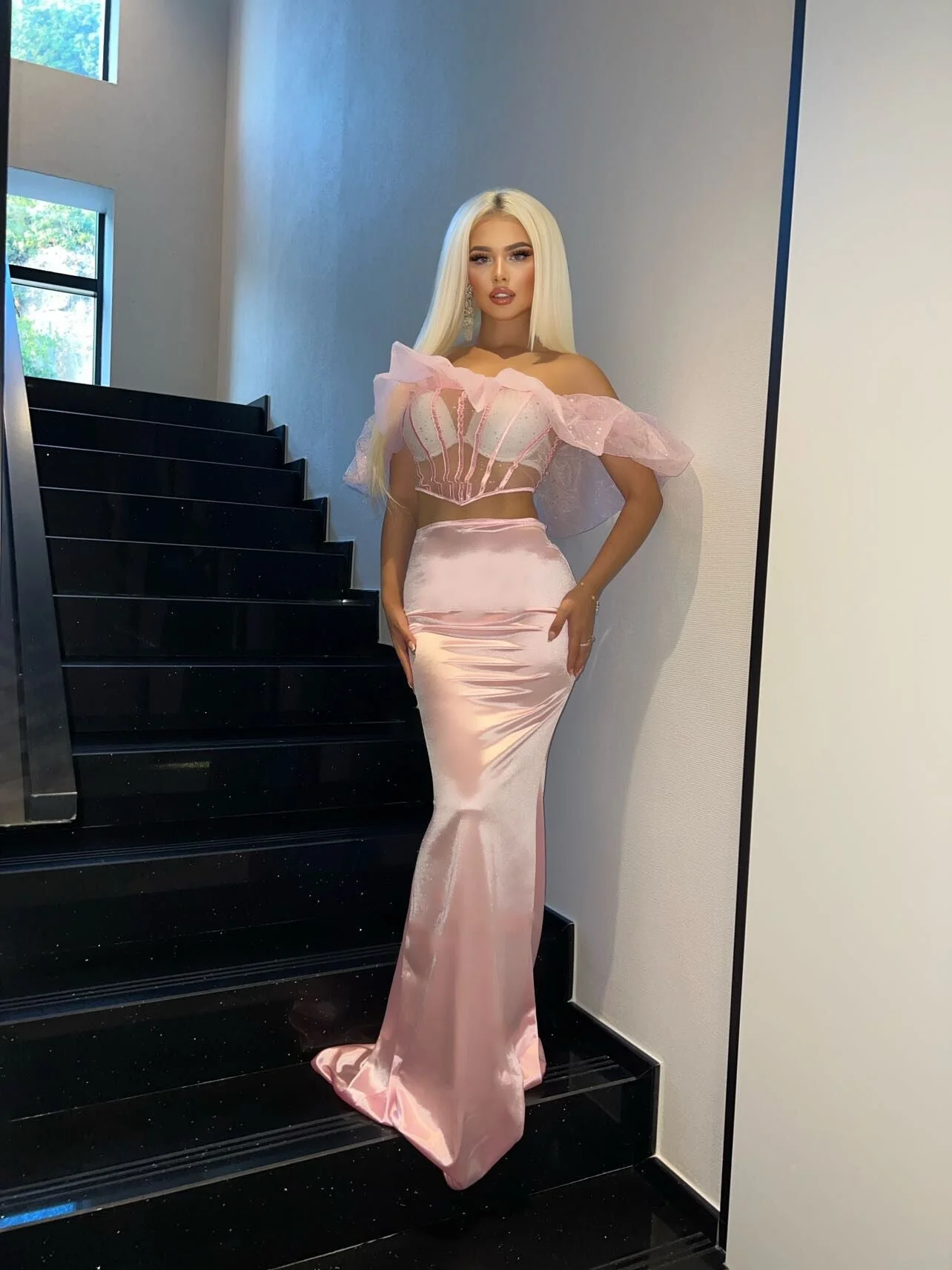 Elegant Off Shoulder Lace-Up Satin Skirt Set