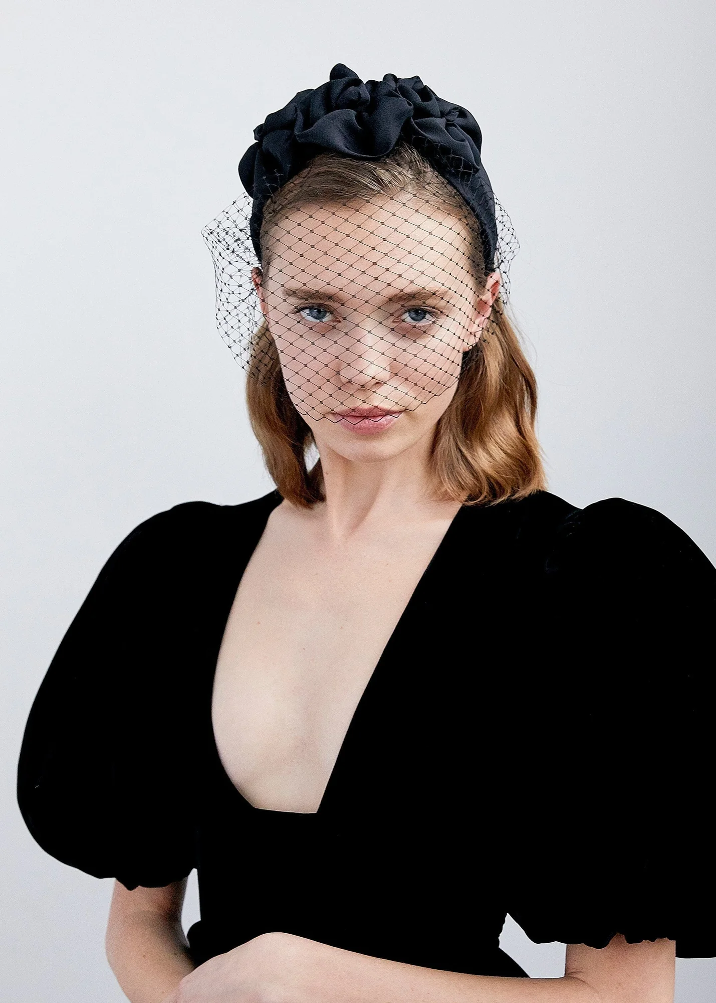 Black Triple Rosette Veil Headband - Elegant Formal Accessory