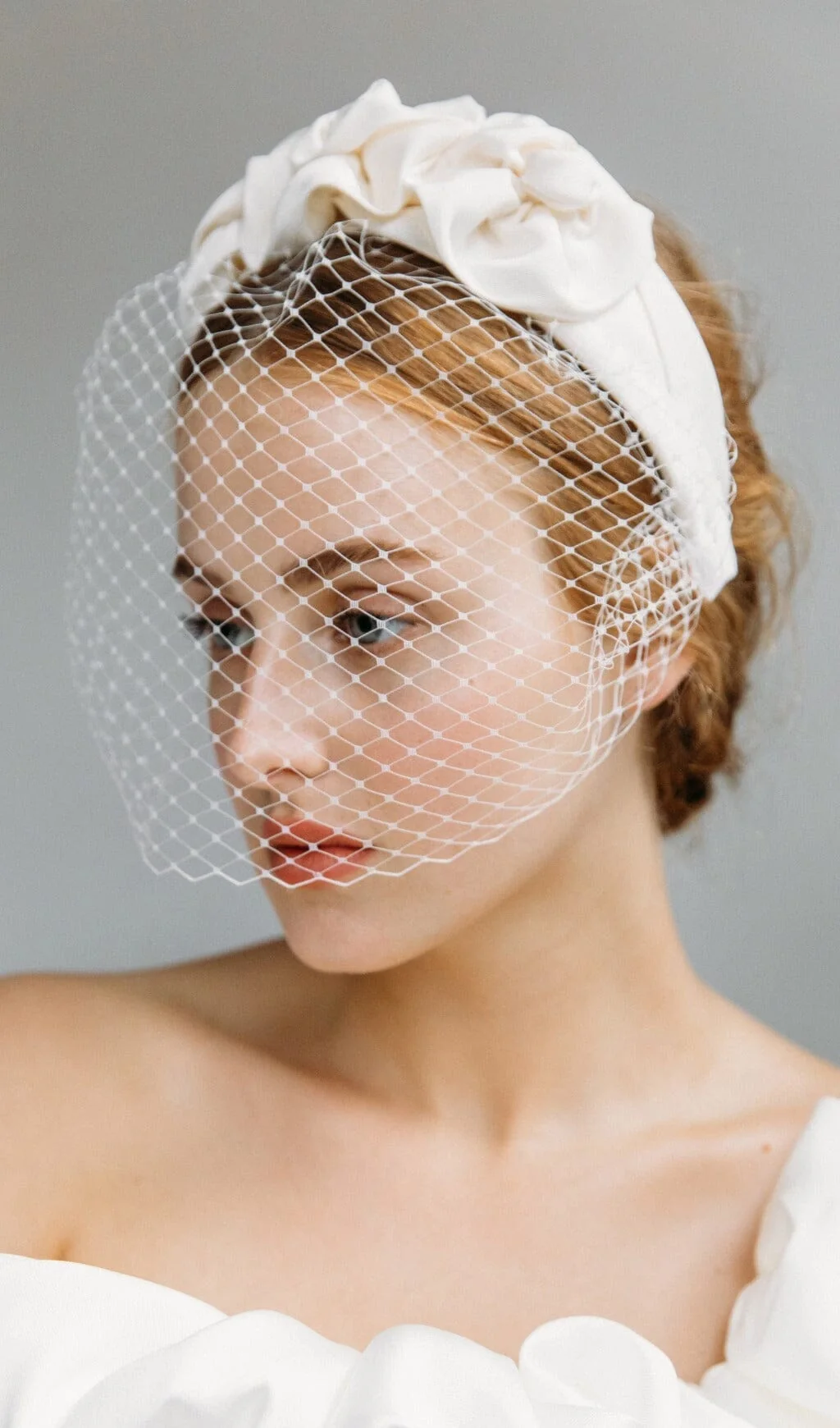 White Triple Rosette Bridal Veil Headpiece