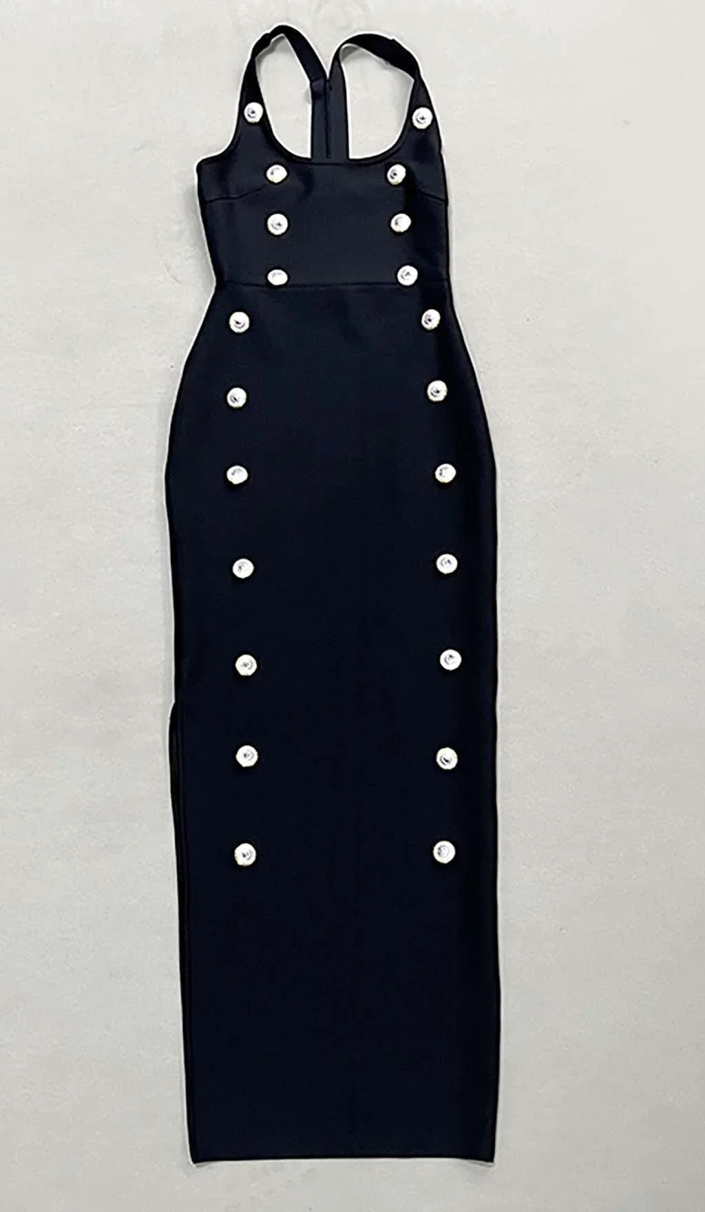 Black Bandage Maxi Dress with Embellished Button Detail
