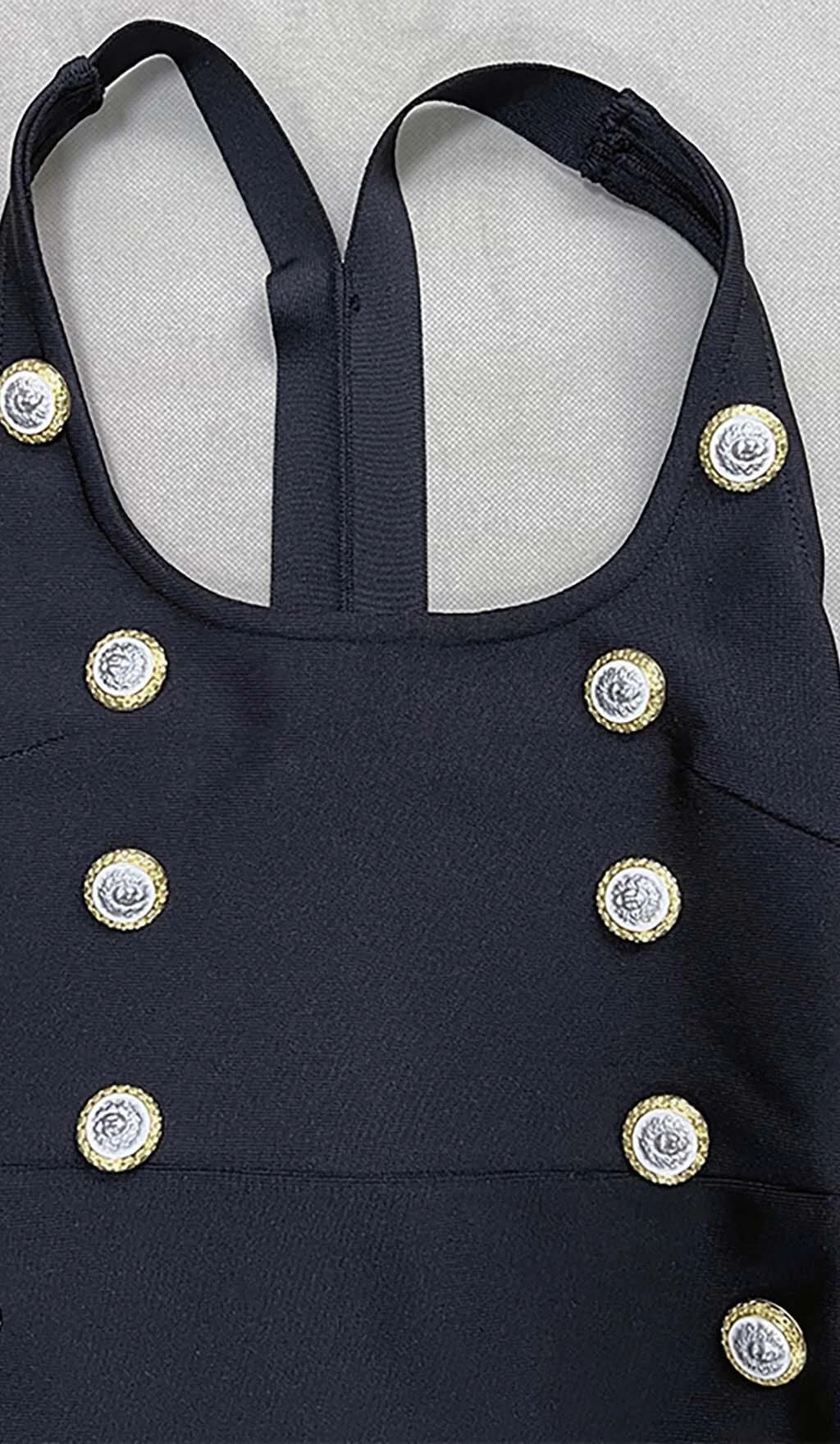 Black Bandage Maxi Dress with Embellished Button Detail